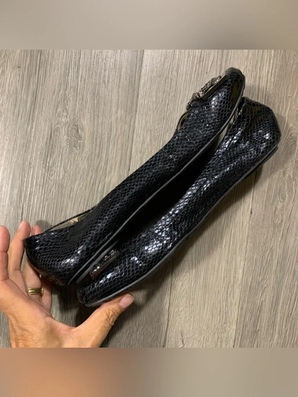Sam Edelman “Caper” Snakeskin Embossed Texture Black Rhinestone Ballet Flats 11
